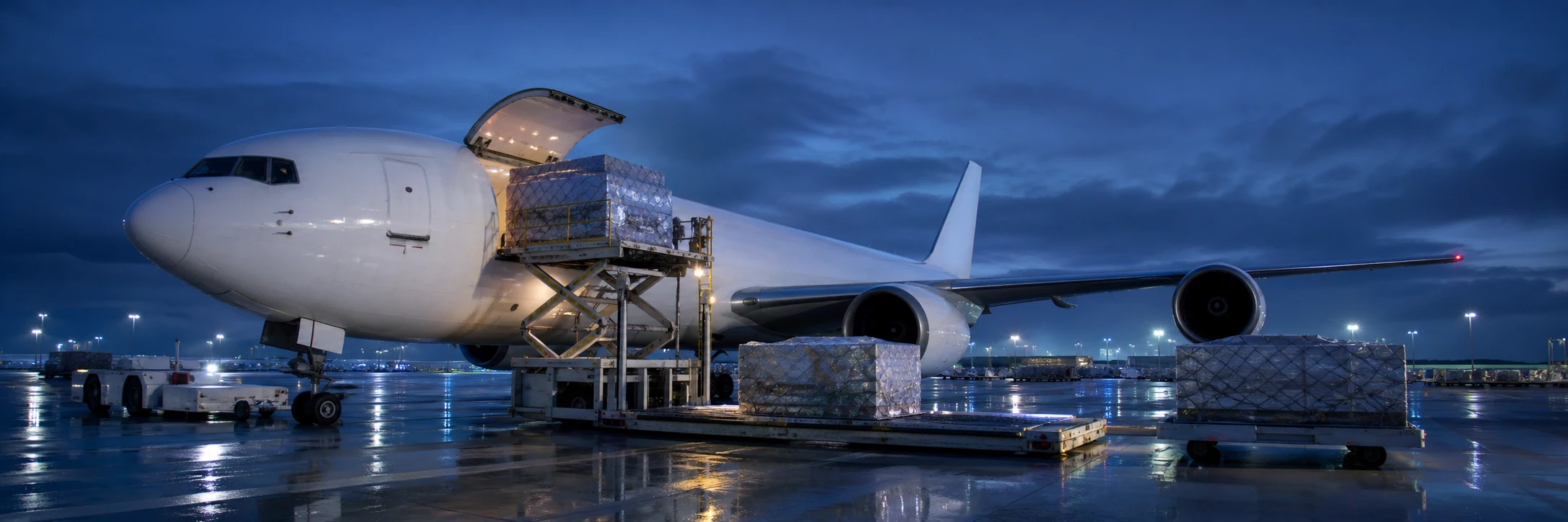International cargo aircraft being loaded for shipment dispatch